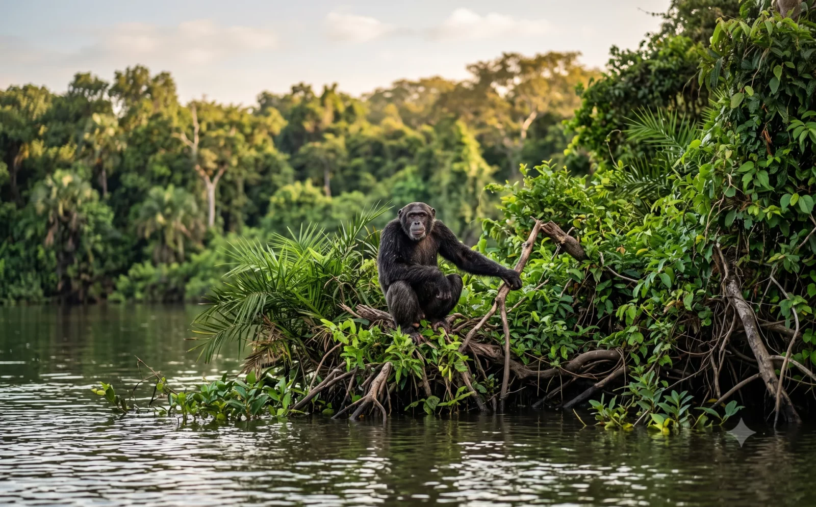 Chimpansee aan de groene waterkant van een eiland in de Gambia-rivier bij Kuntaur