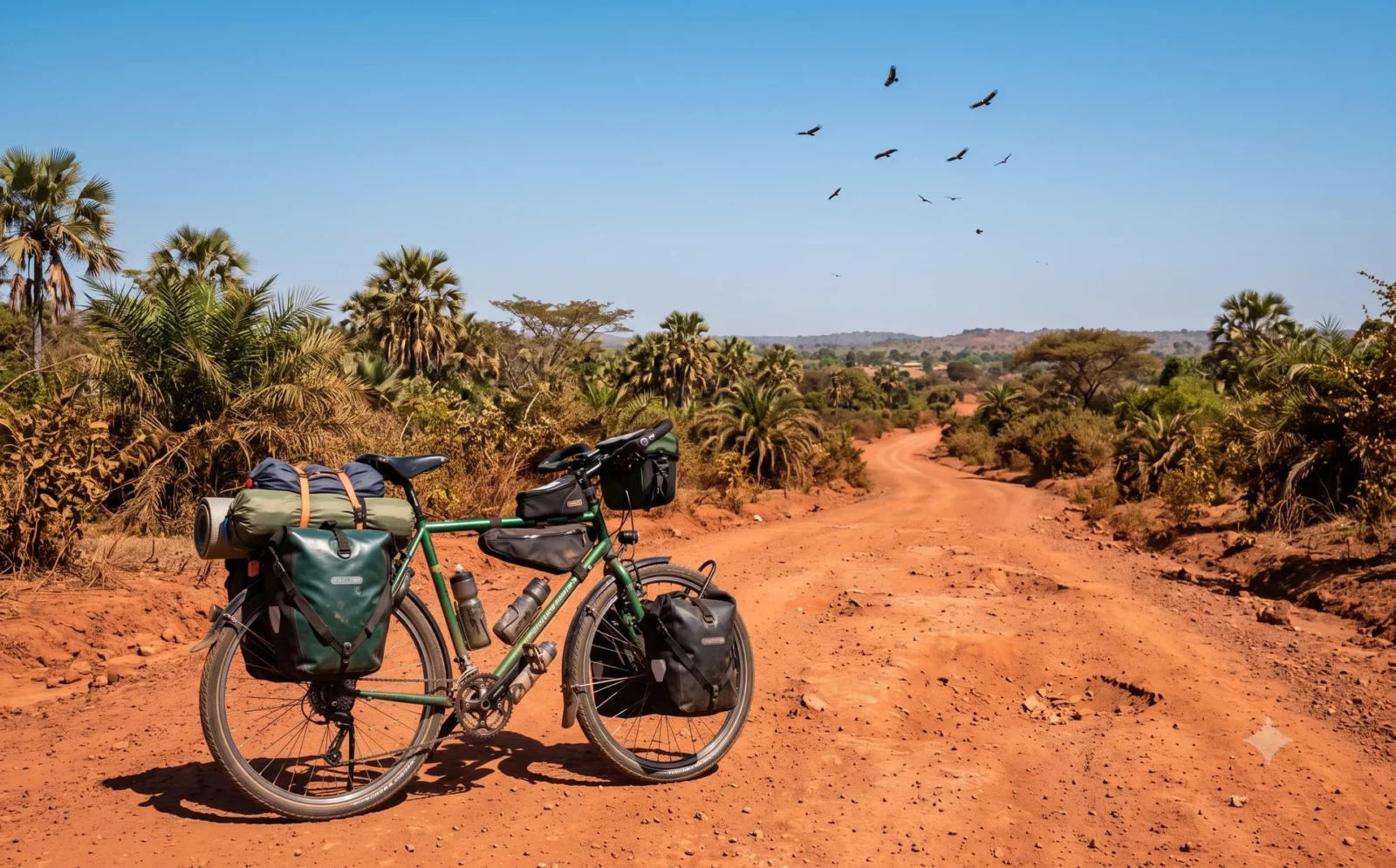 Bagage-beladen reisfiets op een rode zandweg met kuilen in het zuiden van Gambia, palmen en gieren aan de hemel