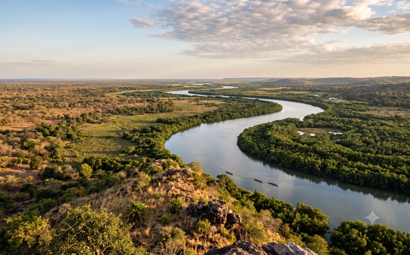 Brede Gambia-rivier die in bochten door mangrove en savanne slingert, hoog standpunt