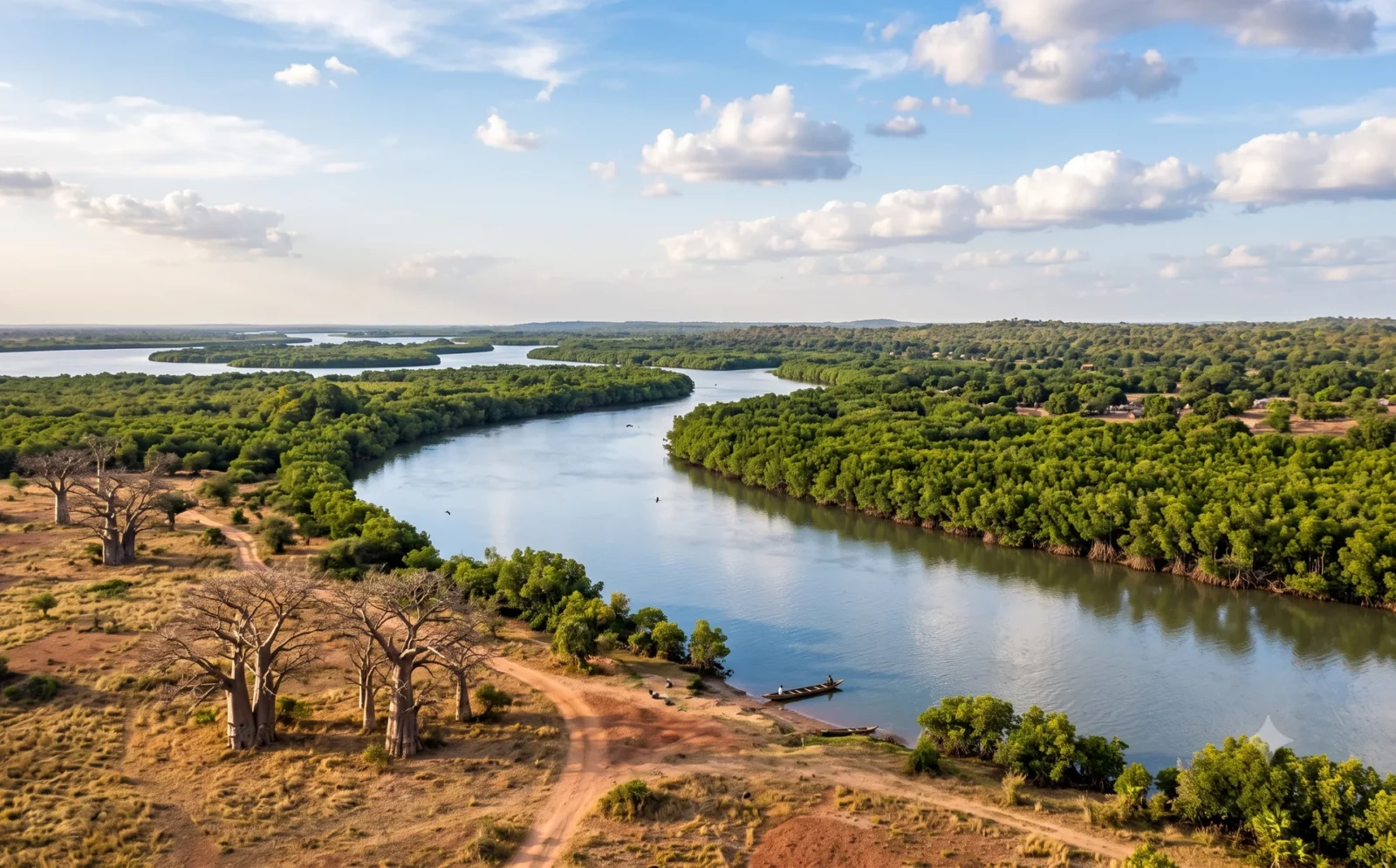 Brede Gambia-rivier met mangrove-oevers, groene beboste eilanden en baobabs in open savanne