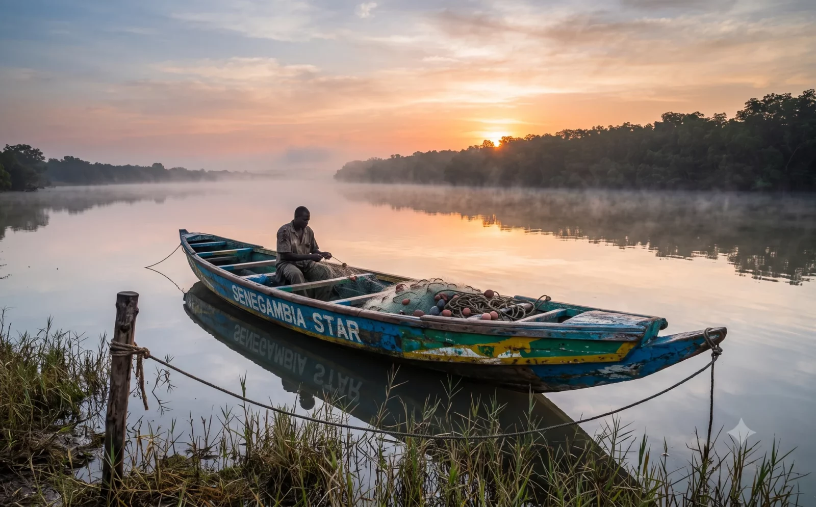 Houten vissersboot op de kalme Gambia-rivier bij zonsopkomst met lichte mist