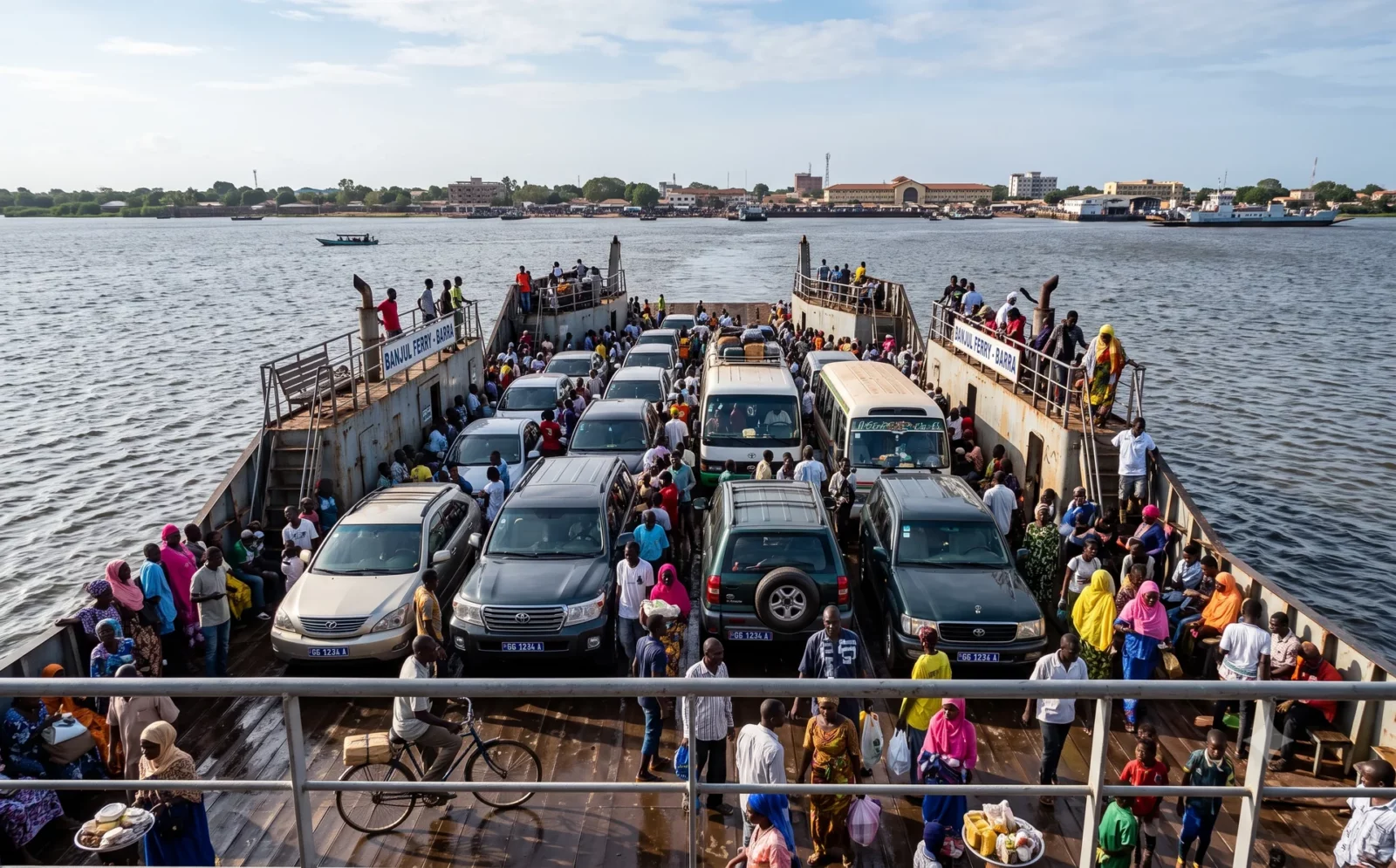Volle veerpont met voertuigen en voetgangers steekt de Gambia-rivier over bij Banjul