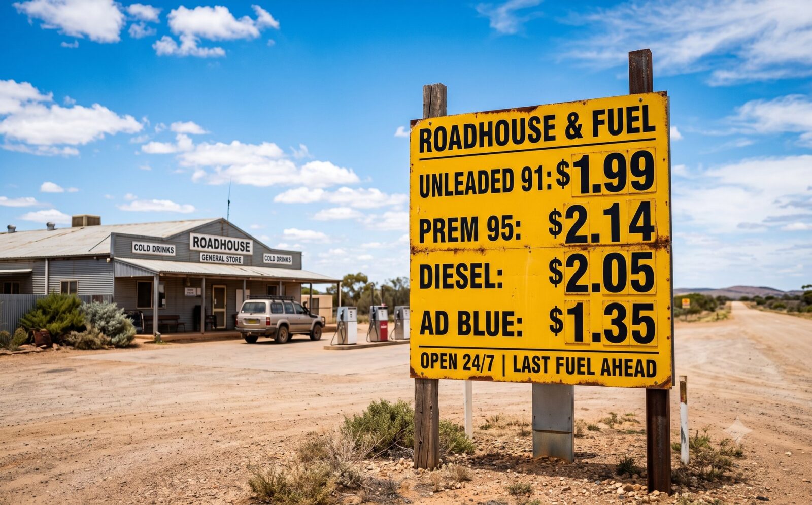 Groot geel prijsbord met de benzineprijs voor een afgelegen outback-roadhouse tegen een felle lucht