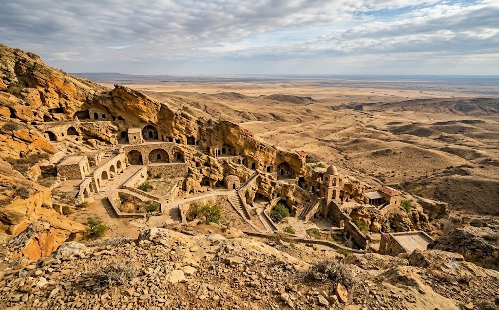 Grottenklooster Davit Gareja met cellen uitgehakt in oranje en gele zandsteen op een kale halfwoestijnhelling