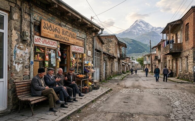 Dorpsstraat in Georgië met een winkeltje met bord in Georgische letters en oudere mannen in gesprek op een bankje