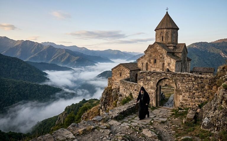 Middeleeuws Georgisch-orthodox kloosterkerkje van steen op een bergtop met een monnik in zwarte pij en ochtendmist