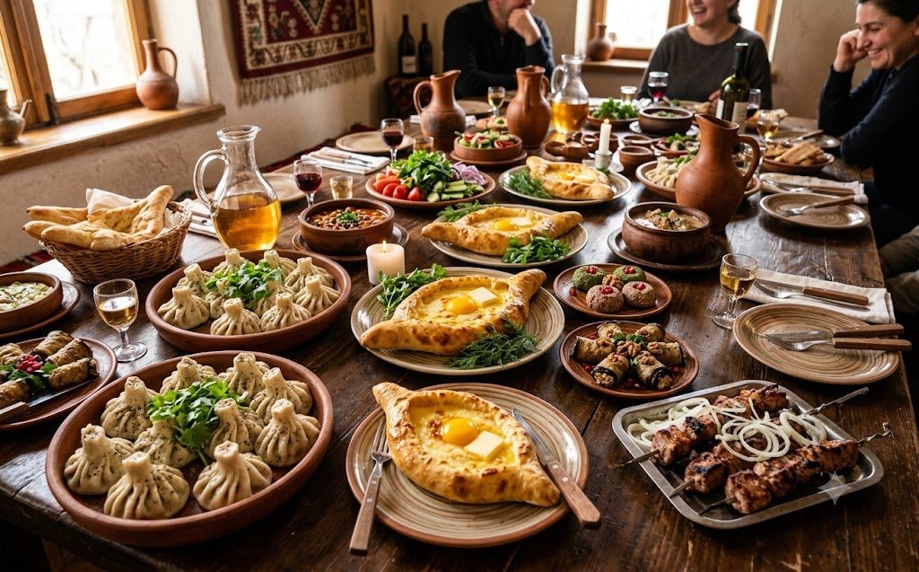 Rijk gedekte Georgische supra-tafel met khachapuri, khinkali, geroosterd vlees, walnootschotels en wijn
