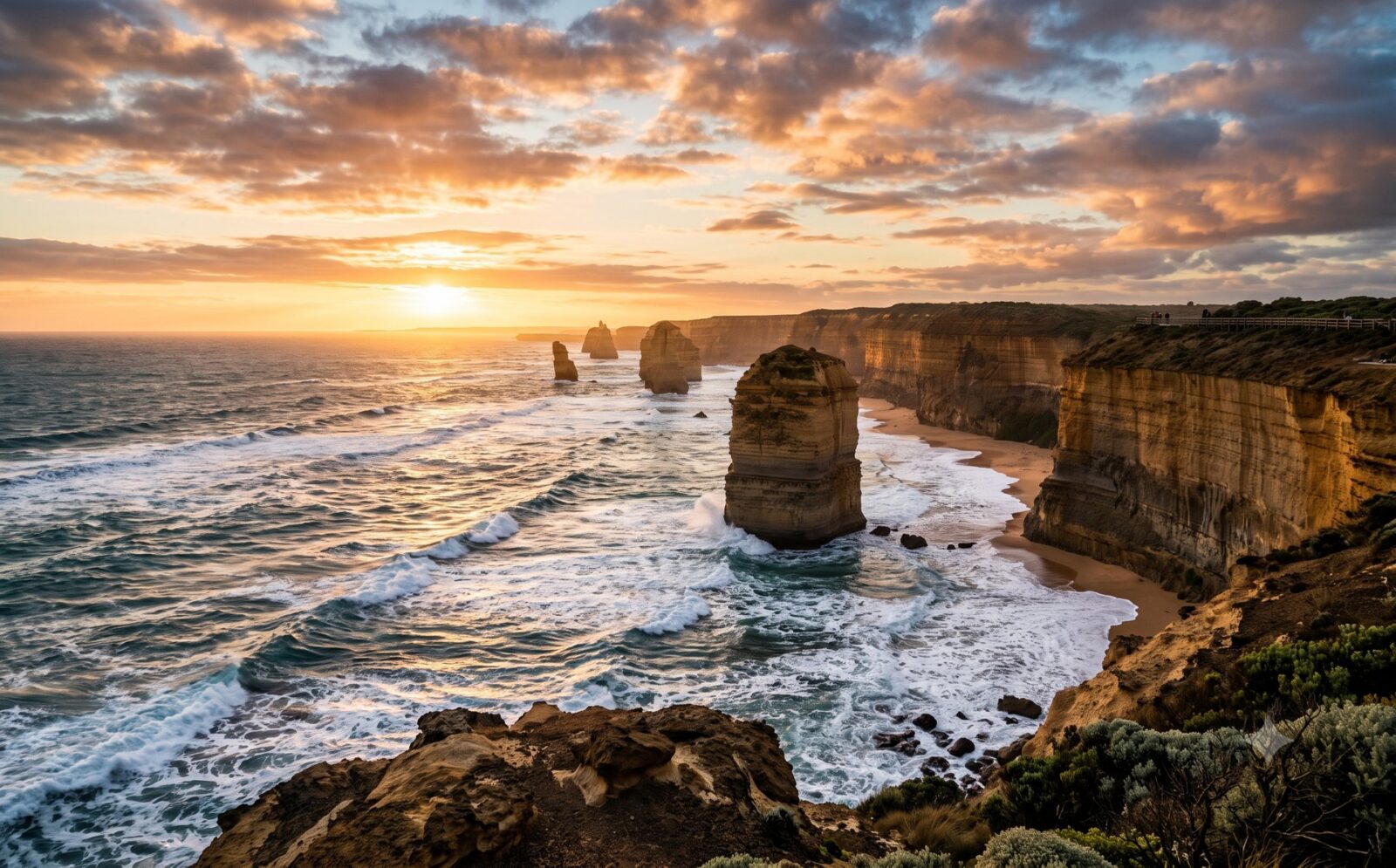 De Twaalf Apostelen, losstaande kalksteenpilaren in een woelige zee langs steile kliffen aan de Great Ocean Road in gouden avondlicht