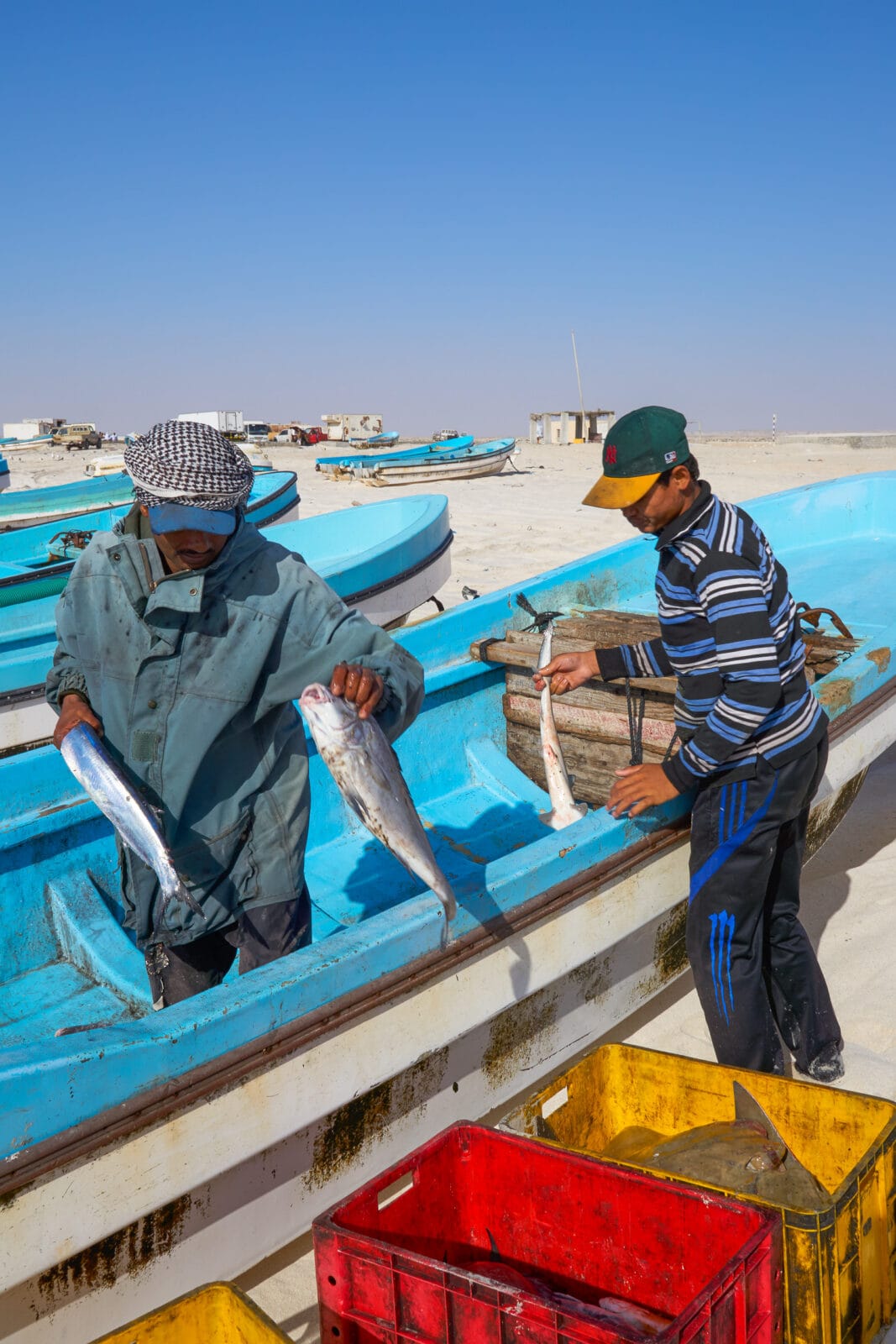 Vissers sorteren hun vangst bij de blauwe boten in Juwayrah