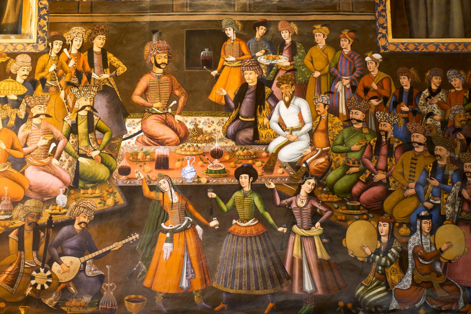 Perzische miniatuur van een koninklijk feestmaal in Chehel Sotoun, Isfahan