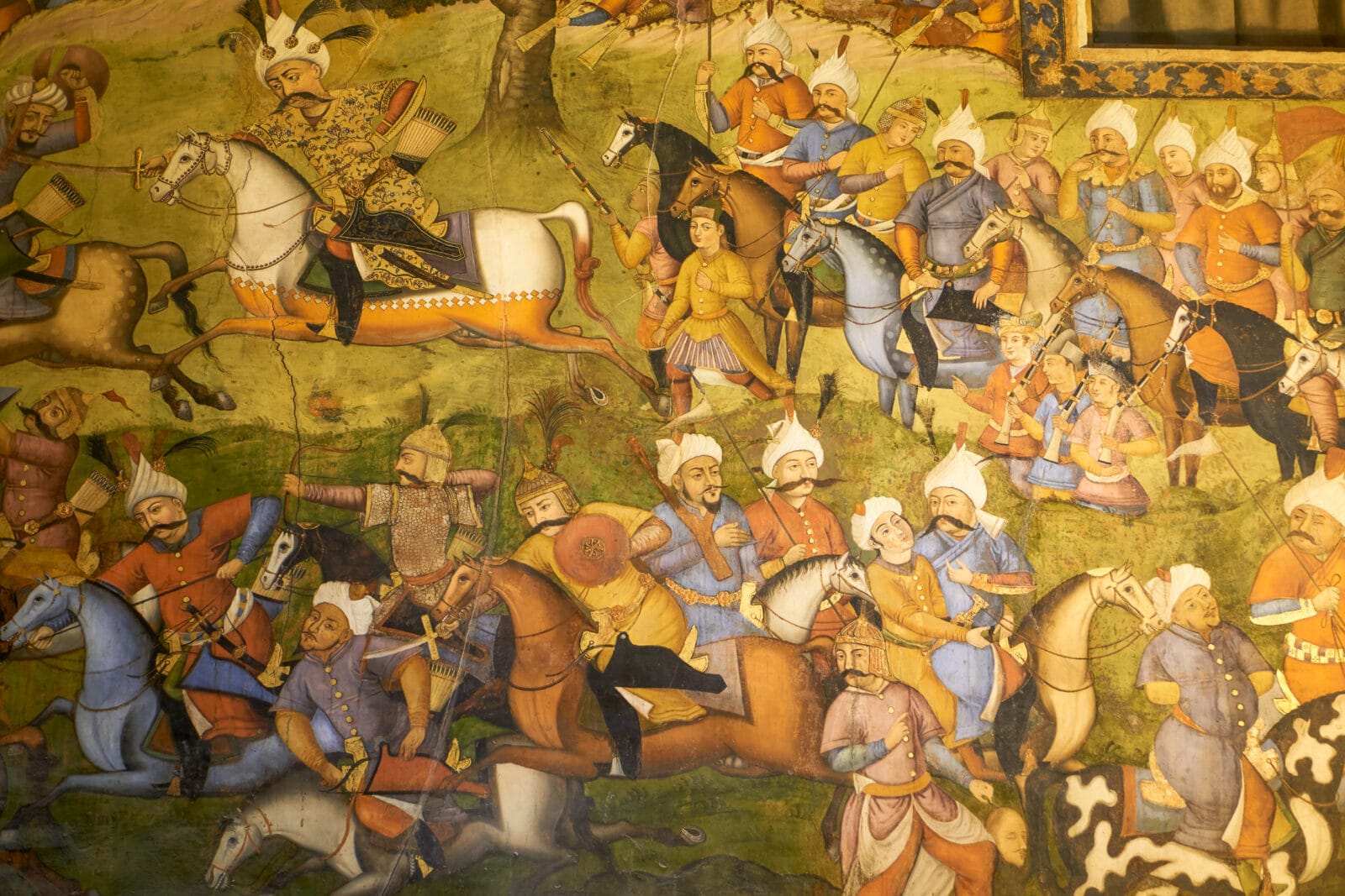 Perzische miniatuur van een ruitergevecht in Chehel Sotoun, Isfahan