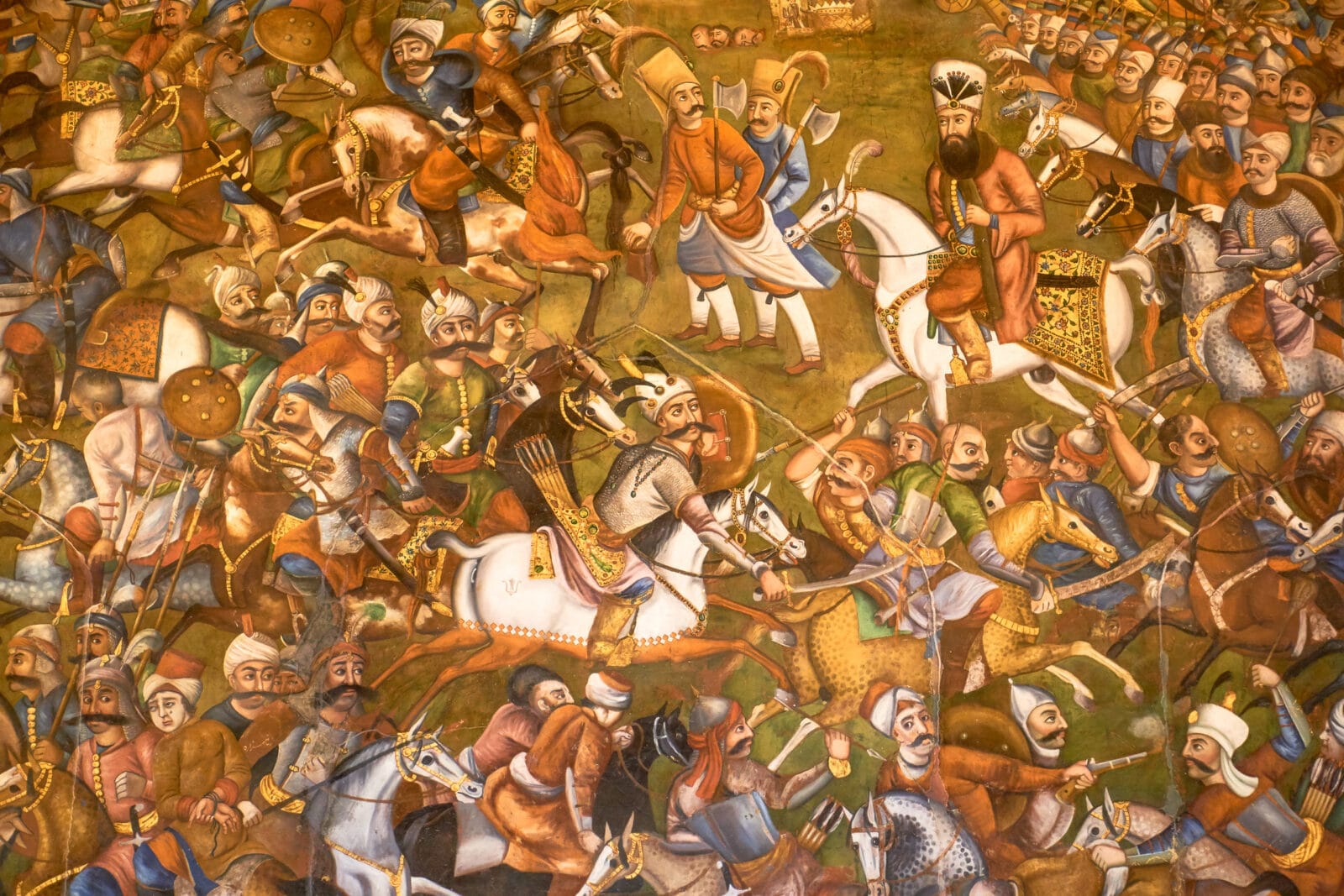 Veldslag met ruiters op een wandschildering in Chehel Sotoun, Isfahan
