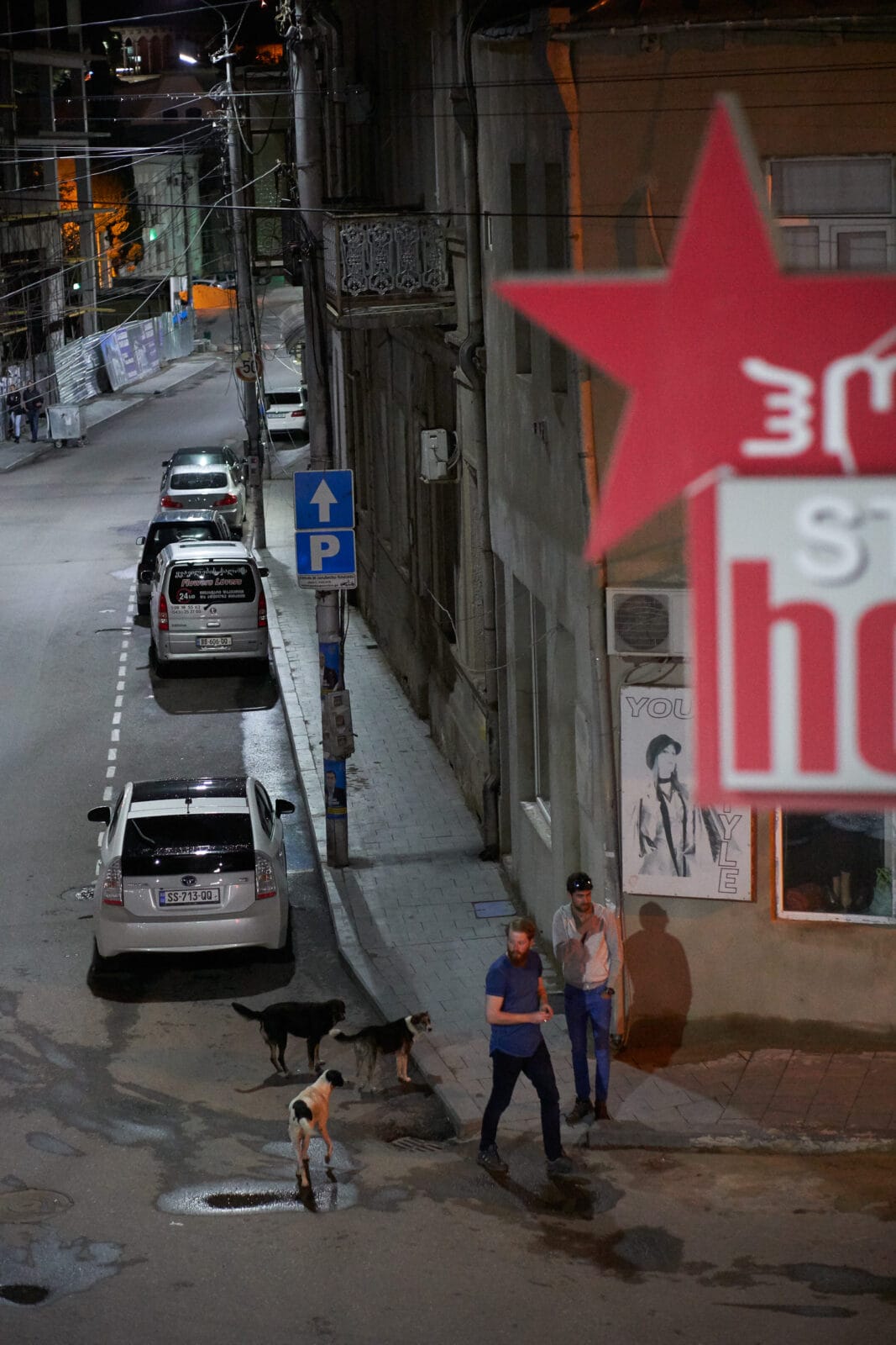 Honden en voorbijgangers op straat in Koetaisi bij avond