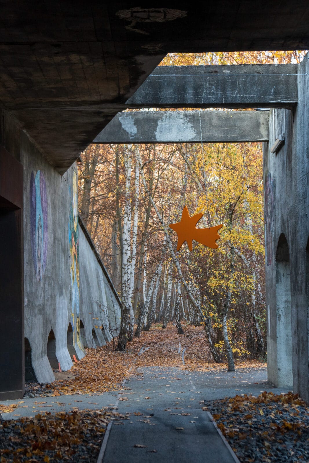 Herfstbos gezien vanuit een bekladde betonnen doorgang, Berlijn-Steglitz