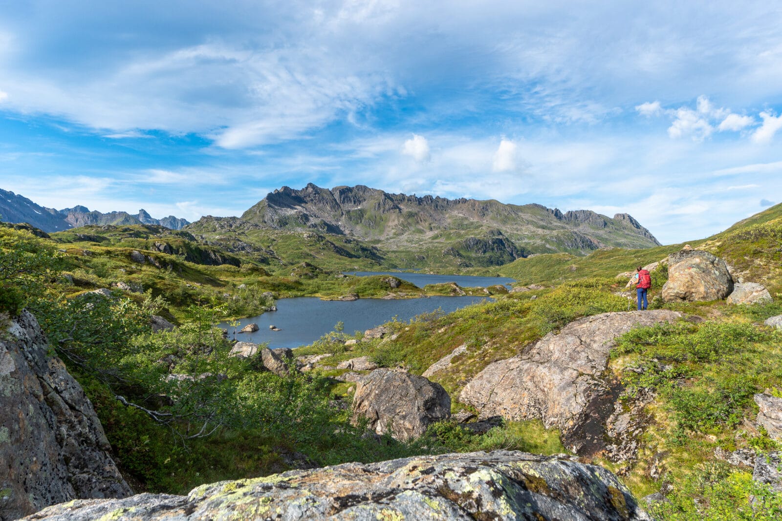 Een wandelaar kijkt uit over het bergmeer in Møysalen nationaal park