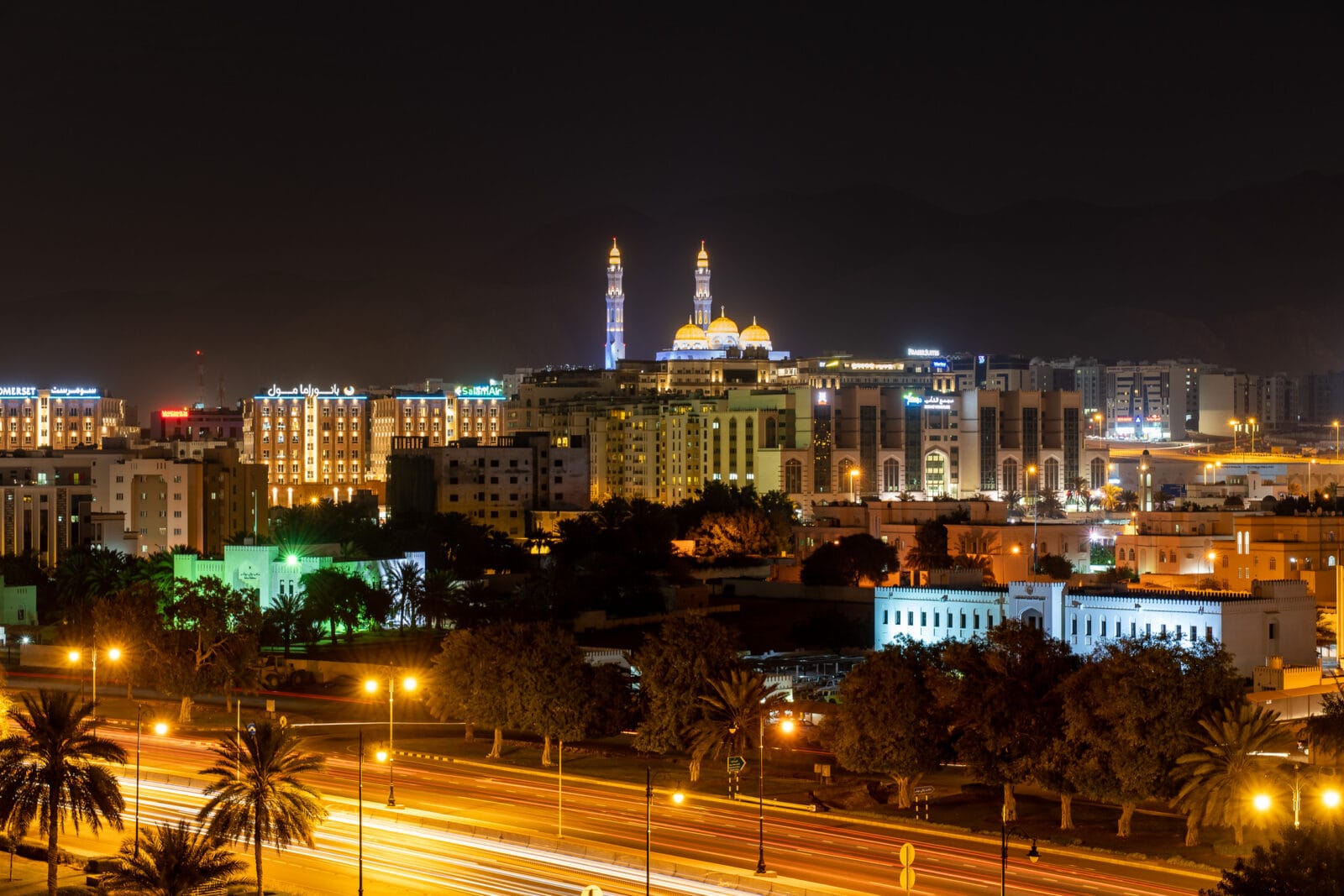 Lichtsporen langs de palmen bij nacht in Muscat