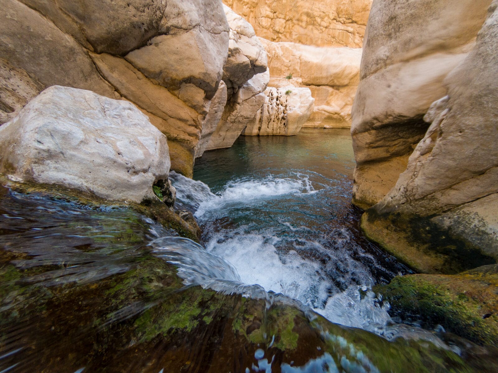 Water over bemoste rotsen in de kloof van Wadi Bani Khalid