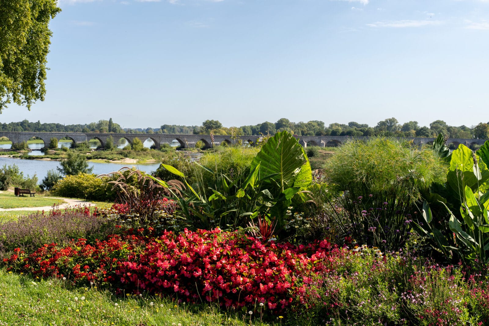 Bloemen langs de oude brug over de Loire bij Beaugency