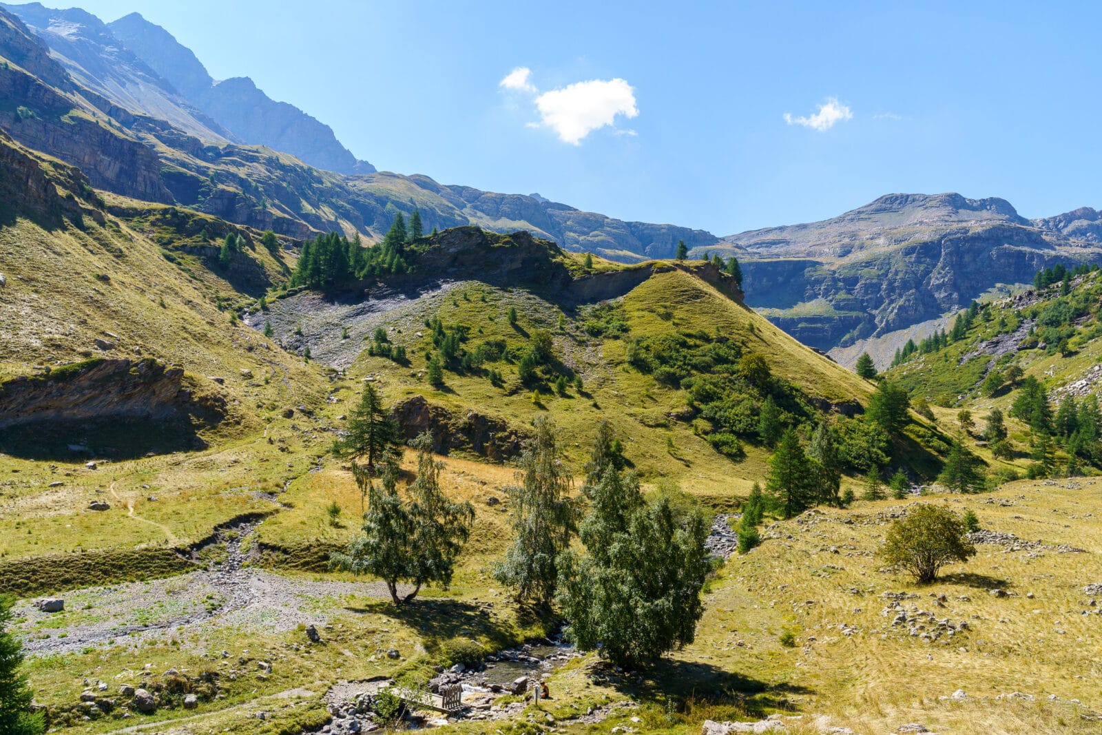 Zonovergoten bergdal met een kronkelende beek bij Freissinières