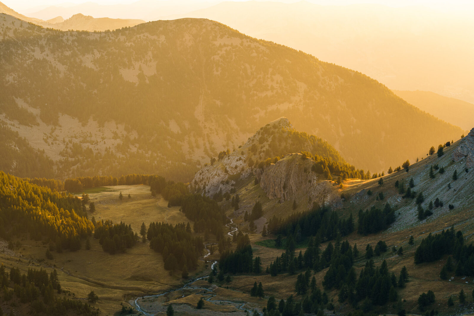 Gouden licht over het bergdal bij de Col de la Cayolle