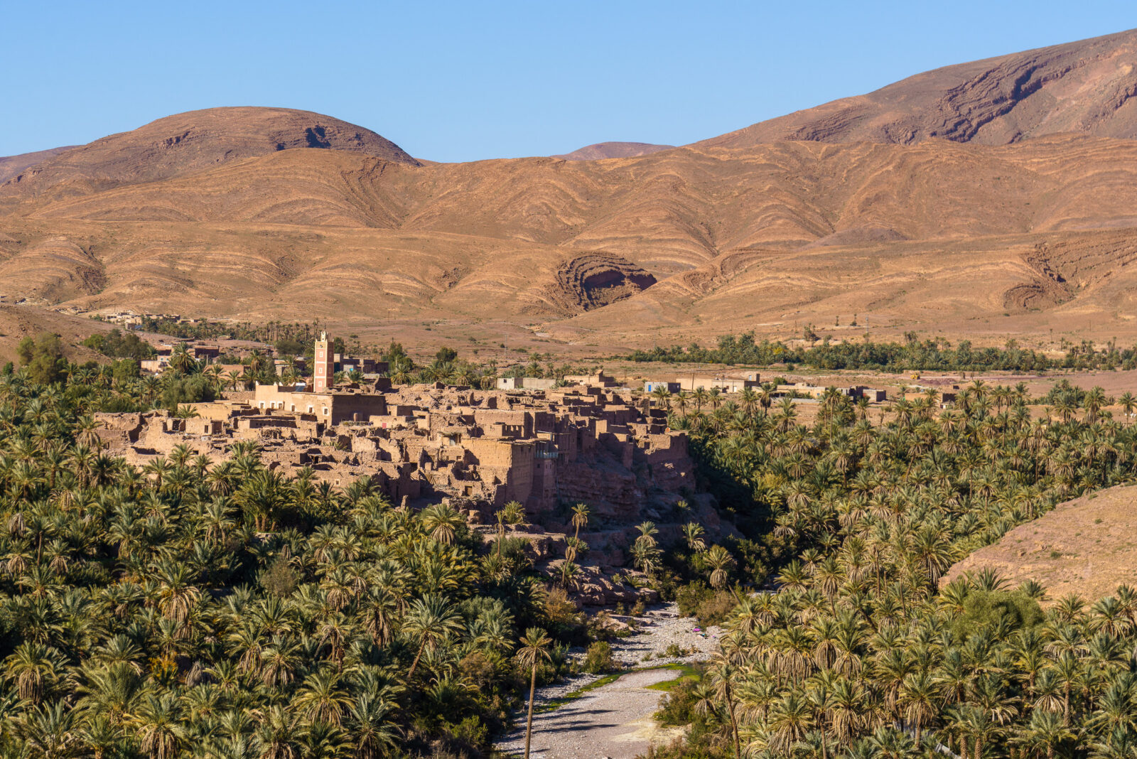 Ancient village nestled among palm trees in the desert