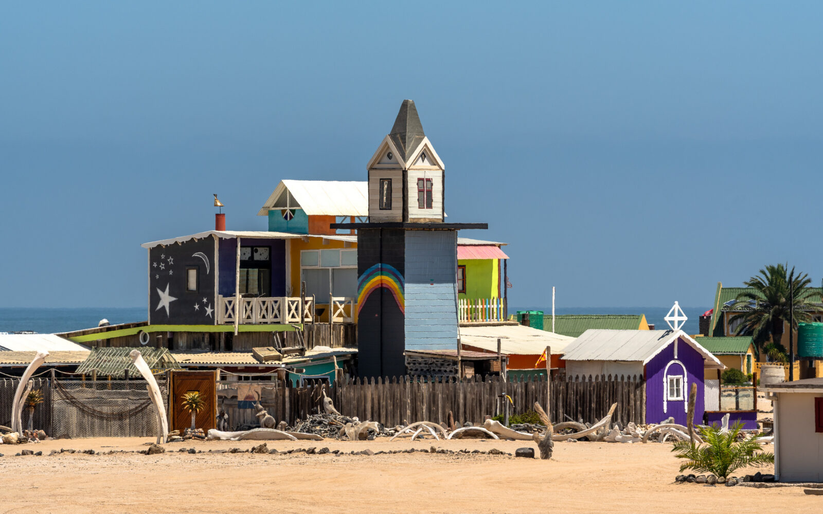 Whimsical beach town with colorful buildings