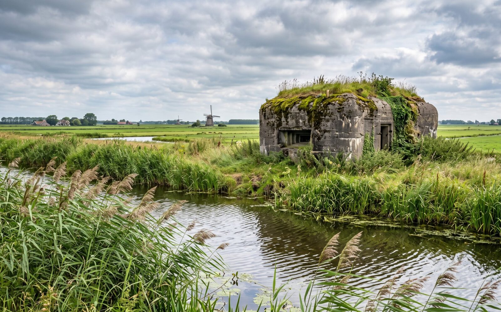 Met gras begroeide betonnen bunker uit de Tweede Wereldoorlog aan de rand van de Bergermeerpolder