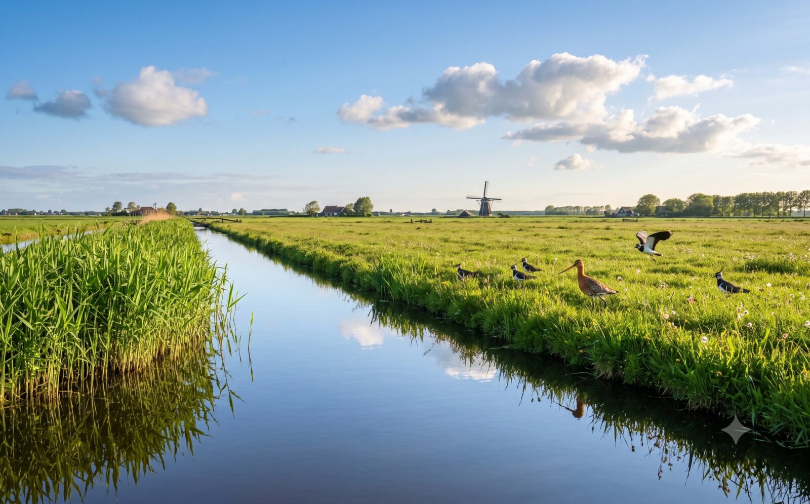 Groene rietkragen en weidevogels langs de ringvaart van de Bergermeer in het voorjaar