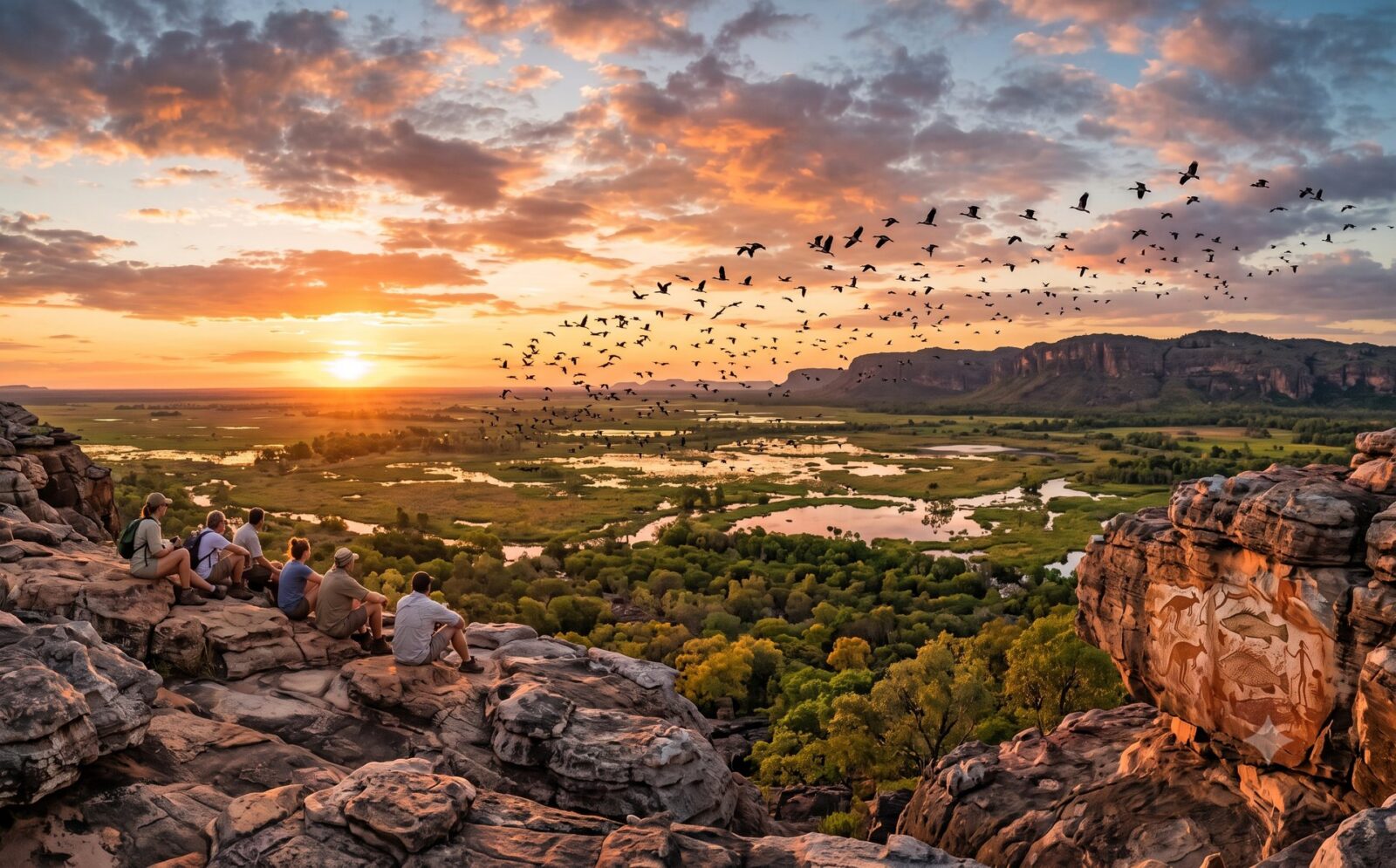 Weids uitzicht vanaf de Ubirr-rots over de wetlands van Kakadu naar het escarpment aan de horizon bij zonsondergang met opvliegende vogels