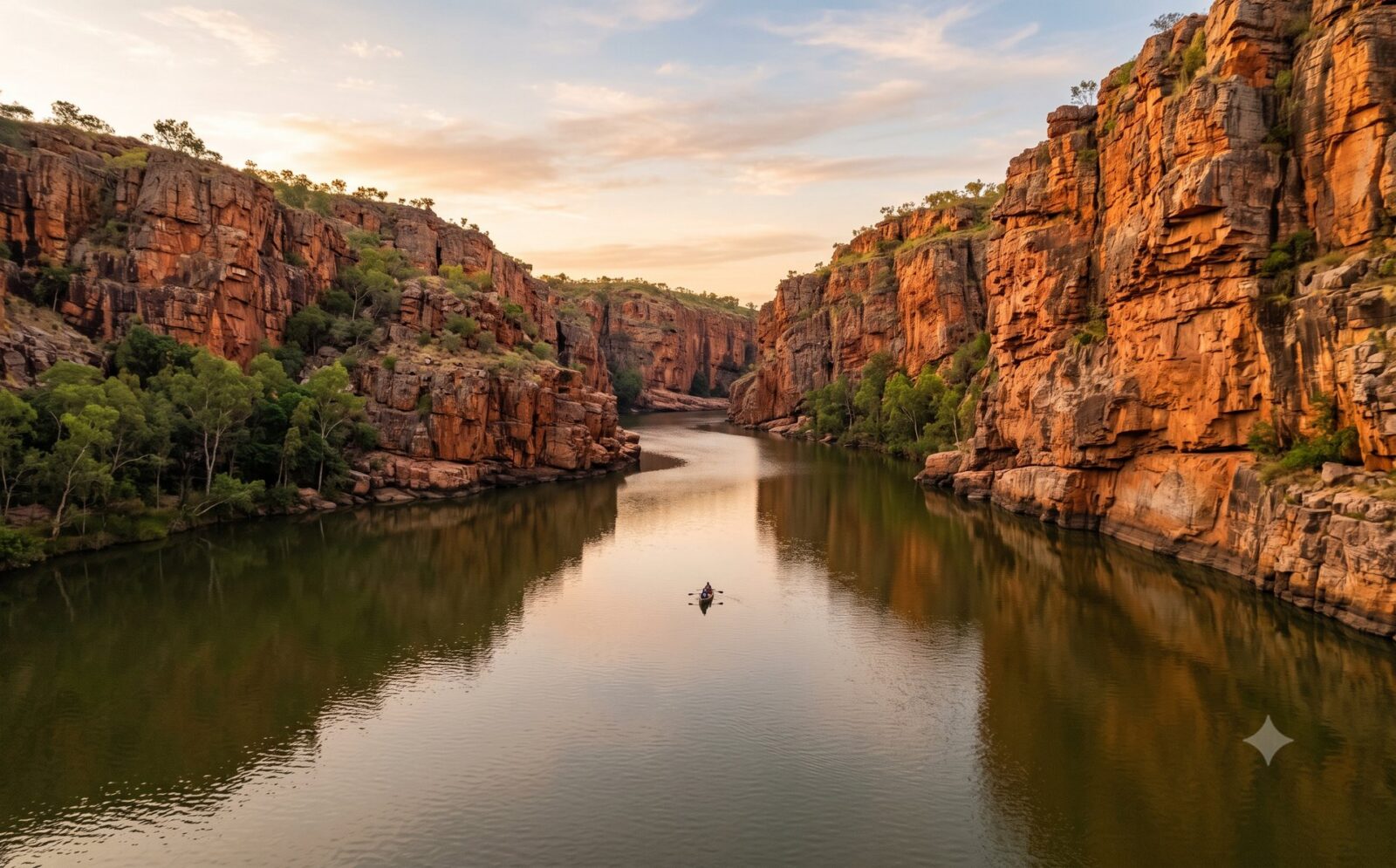 Kloof in Nitmiluk of Katherine Gorge met stil groen water tussen hoge rode zandsteanwanden en een kleine kano in ochtendlicht