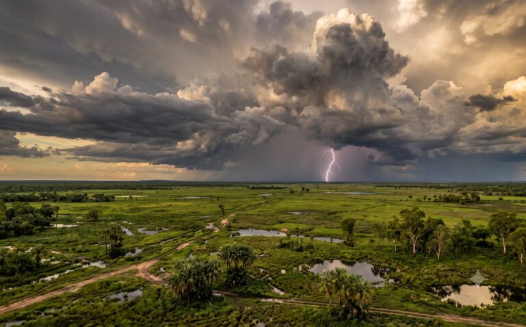 Torenhoge stapelwolken en een bliksemflits van een tropische onweersbui boven een groene Top End-vlakte in laat licht