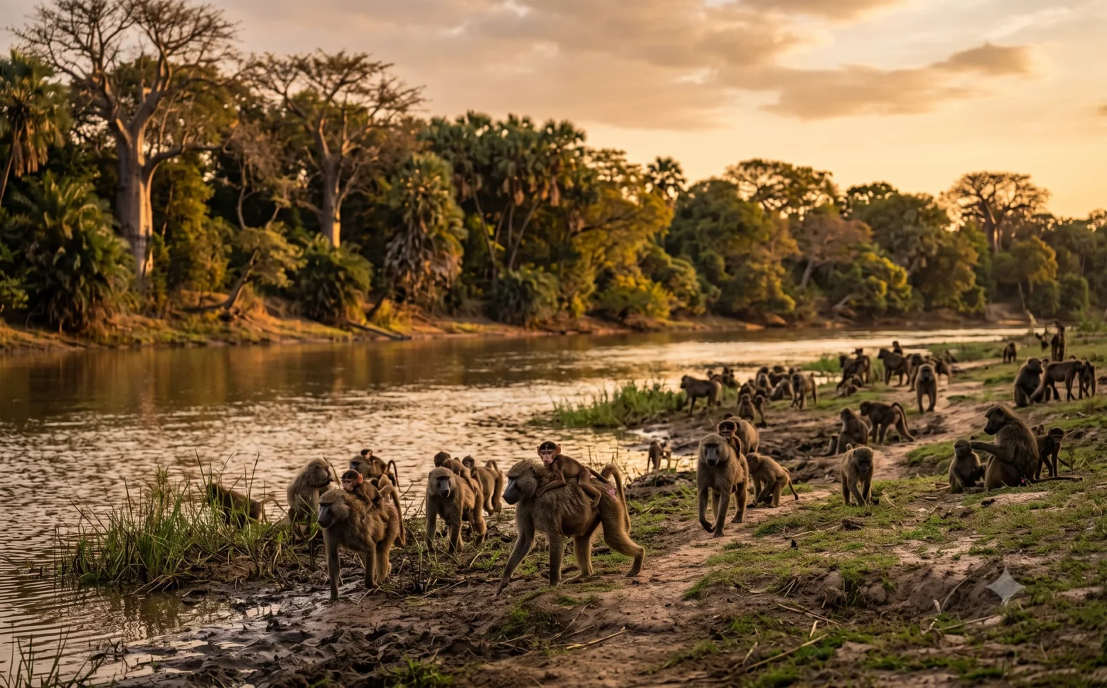 Grote groep bavianen langs een rivieroever bij Kolda in Zuid-Senegal