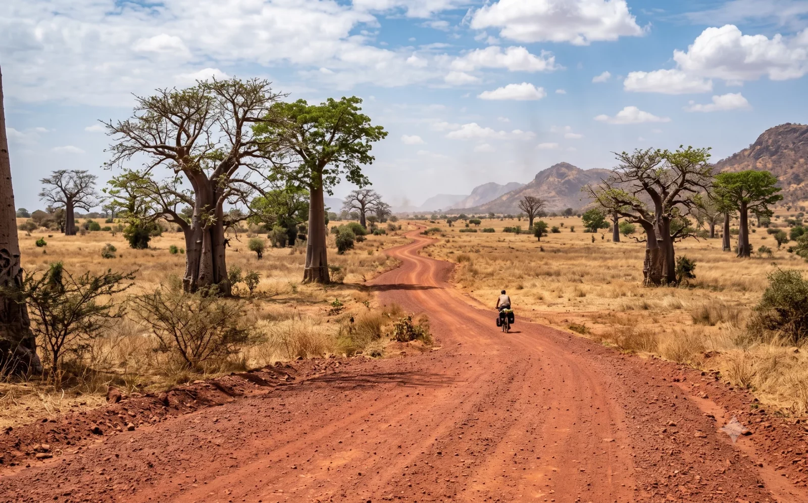 Lange rode zand- en gravelpiste door droge savanne met baobabs en een eenzame reisfietser in het binnenland van Senegal