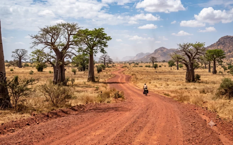 Lange rode zand- en gravelpiste door droge savanne met baobabs en een eenzame reisfietser in het binnenland van Senegal