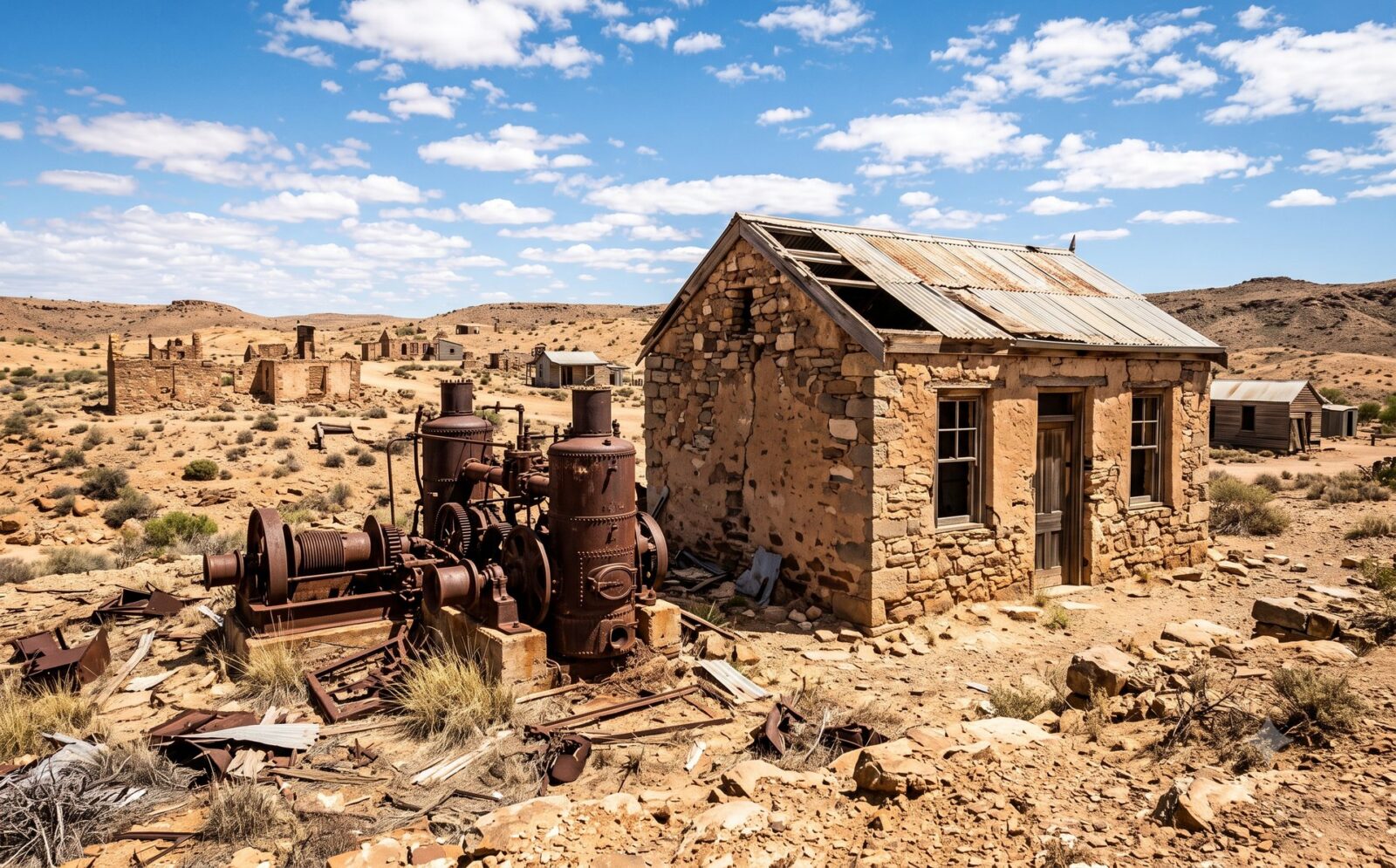 Vervallen stenen gebouw en roestige machine van een verlaten negentiende-eeuws mijndorp in de outback onder een harde middagzon