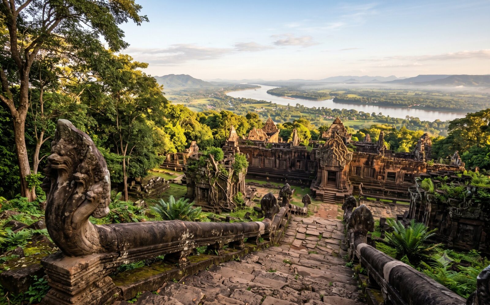 Verweerde stenen ruines van de Khmer-tempel Wat Phu bij Champasak met uitzicht over de Mekong-vallei in ochtendlicht