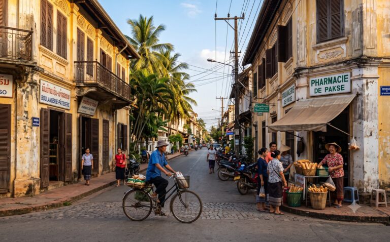 Smalle straat in Pakse met verweerde Frans-koloniale gebouwen, luiken, palmen en een fietser in namiddaglicht