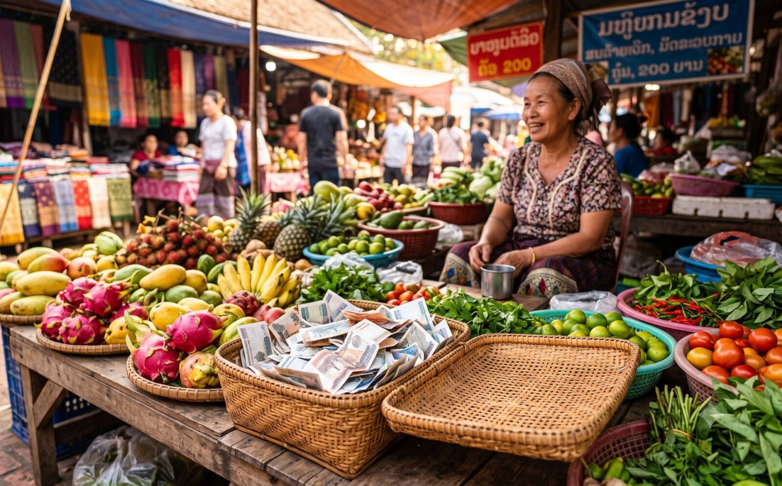 Kleurrijk Laotiaans marktkraam met een open mand vol bankbiljetten naast stapels tropisch fruit en groenten
