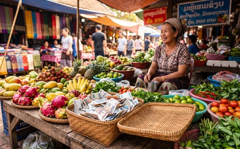 Kleurrijk Laotiaans marktkraam met een open mand vol bankbiljetten naast stapels tropisch fruit en groenten