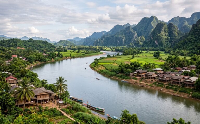 De brede kalme Mekong die door een groen Laotiaans landschap slingert met stilthuizen, rijstvelden en beboste bergen