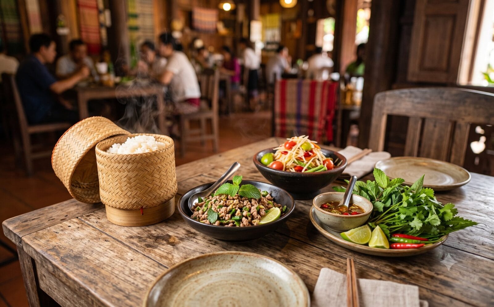 Rustieke tafel met Laotiaanse gerechten: kleefrijst in een rieten mandje, laap, papajasalade, kruiden en vissaus