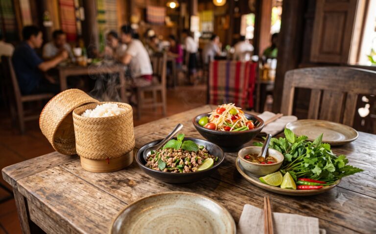 Rustieke tafel met Laotiaanse gerechten: kleefrijst in een rieten mandje, laap, papajasalade, kruiden en vissaus