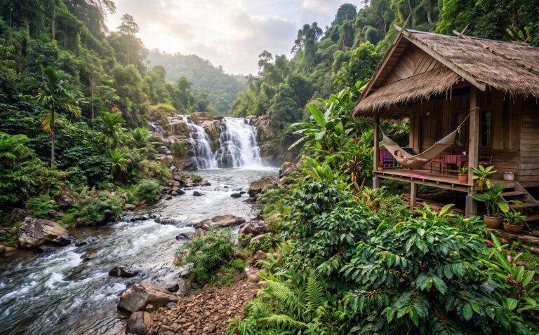 Waterval in het jungledorp Tat Lo op het Bolaven-plateau met een houten bungalow en hangmat aan de rivieroever