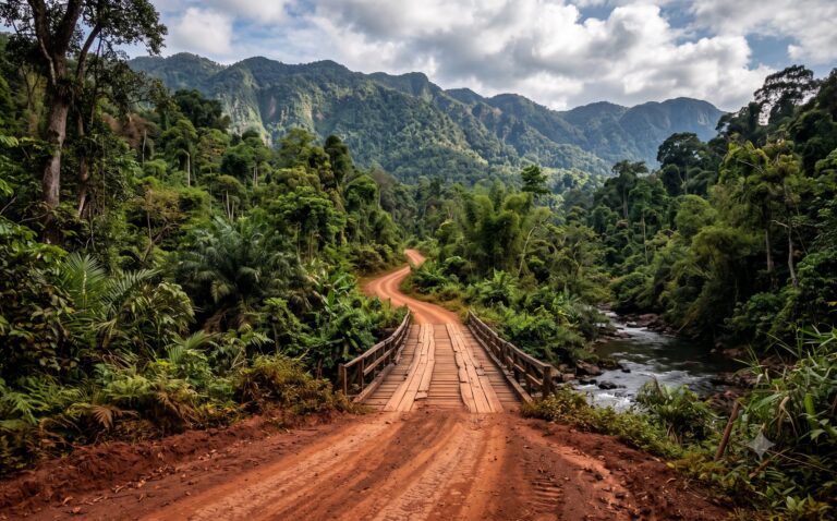 Rode aarden zandweg die diep de jungle in loopt in het afgelegen zuidoosten van Laos, met beboste heuvels en een houten brug