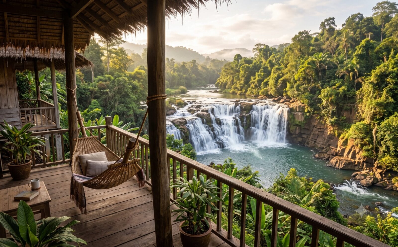 Brede getrapte waterval van Tat Lo omgeven door jungle op het Bolaven-plateau met een houten bungalow en hangmat