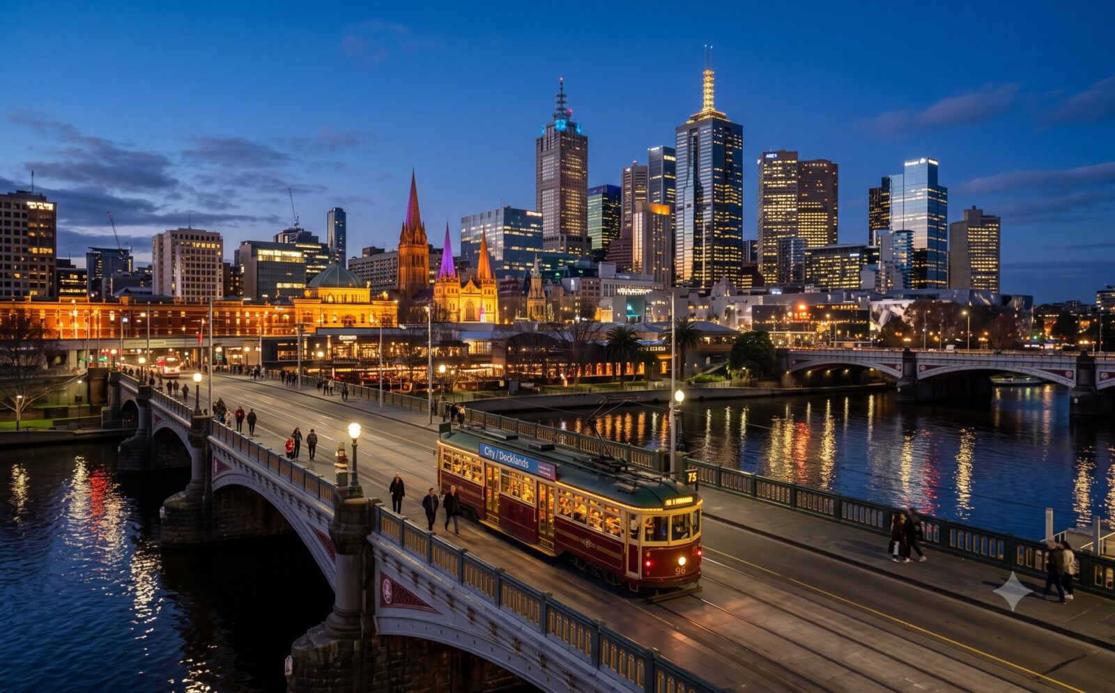 Skyline van Melbourne aan de Yarra bij blauw avonduur met een tram op een brug en lichten weerspiegeld in het water