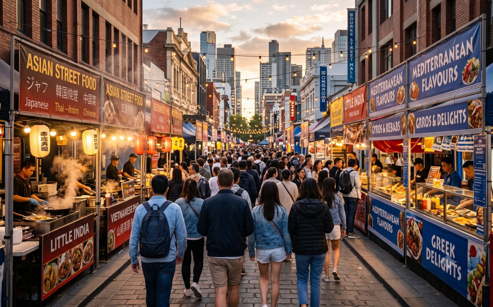 Levendige multiculturele straatmarkt in een Australische stad met kraampjes vol Aziatisch en mediterraan eten in warm avondlicht