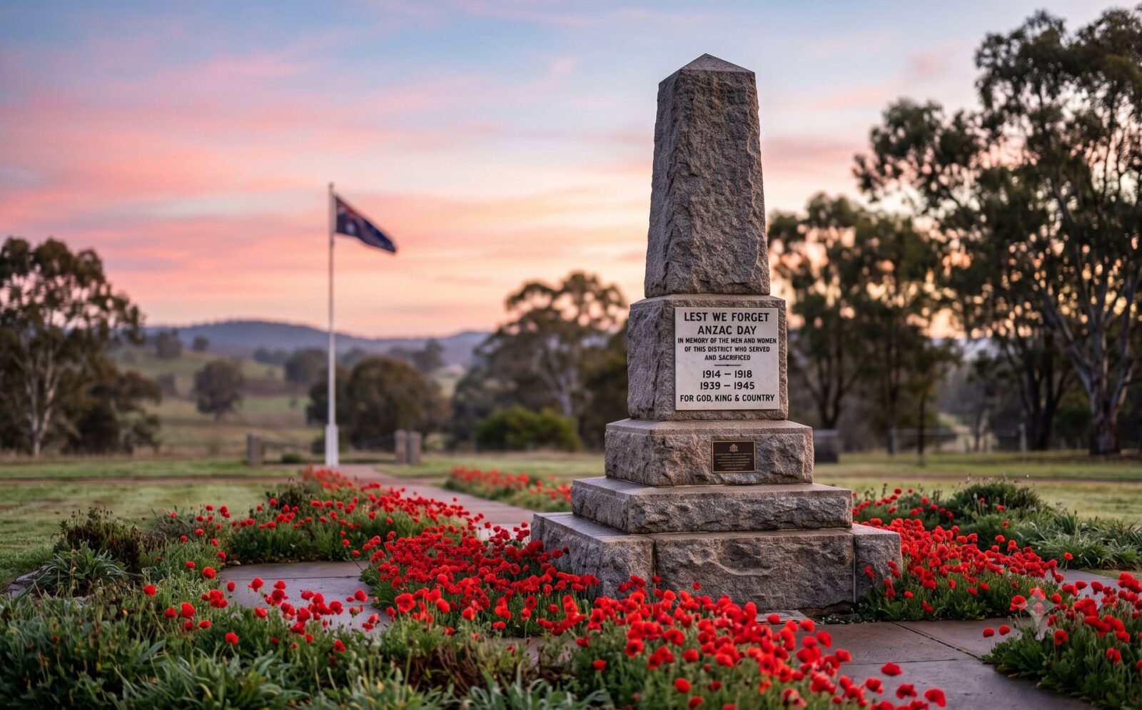 Sober Australisch Anzac-oorlogsmonument bij dageraad met rode klaprozen aan de voet in zacht roze ochtendlicht