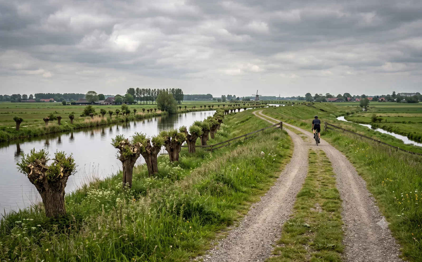 Onverhard fietspad over een grasdijk langs een vaart met knotwilgen