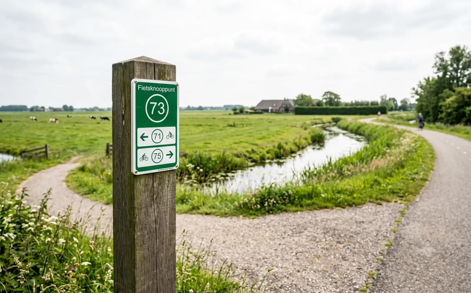 Groen-wit fietsknooppuntbordje bij een splitsing van fietspaden